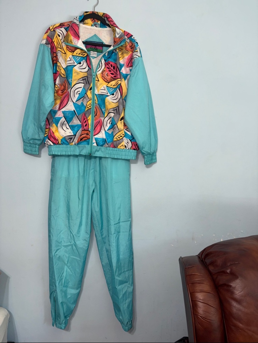 Vintage 80s 90s Color Cues Teal Nylon Tracksuit Set windbreaker set Retro sports